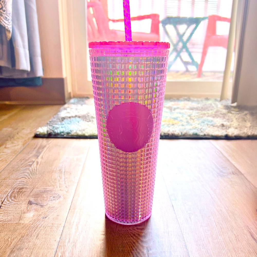 NWT Starbucks 2023 Iridescent Pink/ Silver Bubblegum Grid’Cold Cup Tumbler 24oz